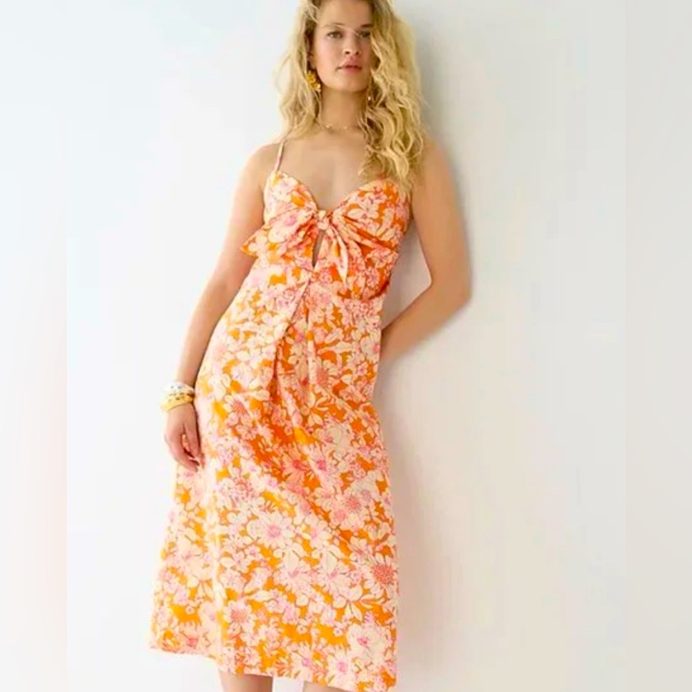 J. Crew Liberty Print Dress Mandarin 🍊Tropical Hibiscus Floral Cotton Poplin XL